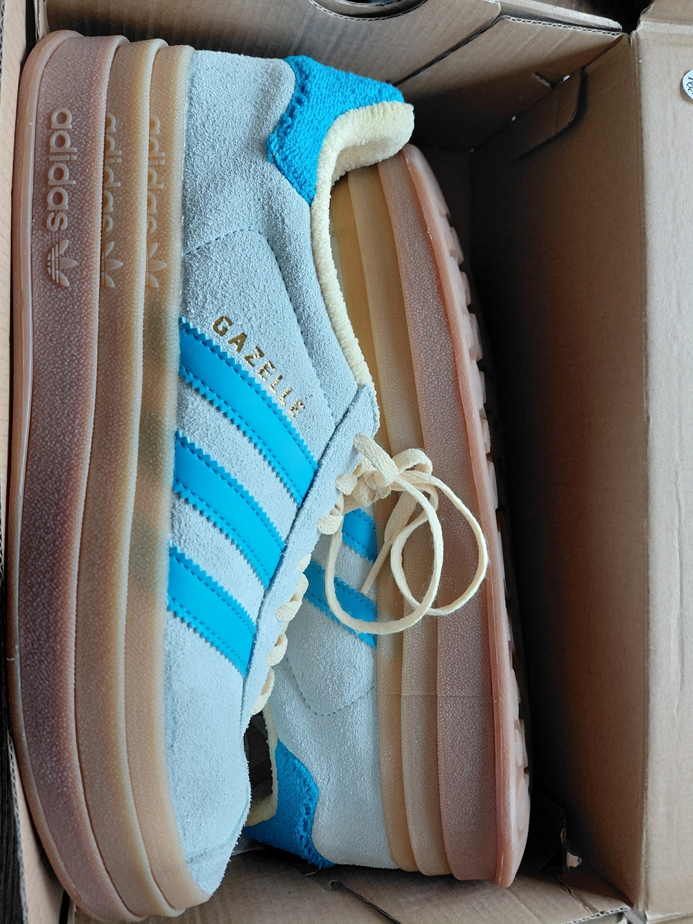 adidas Gazelle Sneakers in Pale Blue with Aqua Stripes and Gum Sole